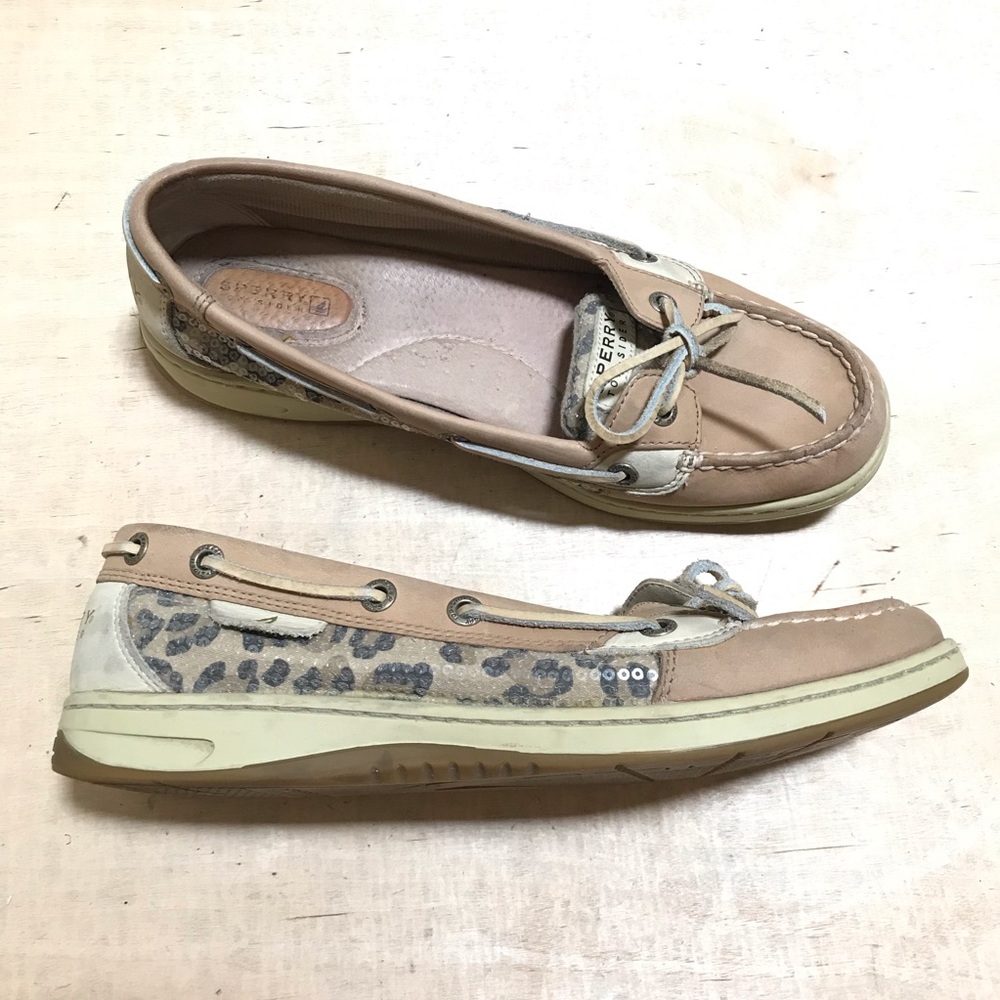 Sperry Top-Sider Leopard Print Trim Boat Shoes Women’s 9 Trendy Preppy